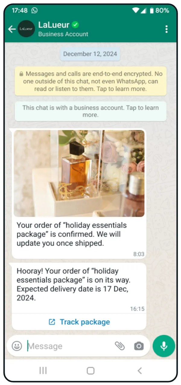 Conversation entre une personne cliente et LaLueur sur WhatsApp