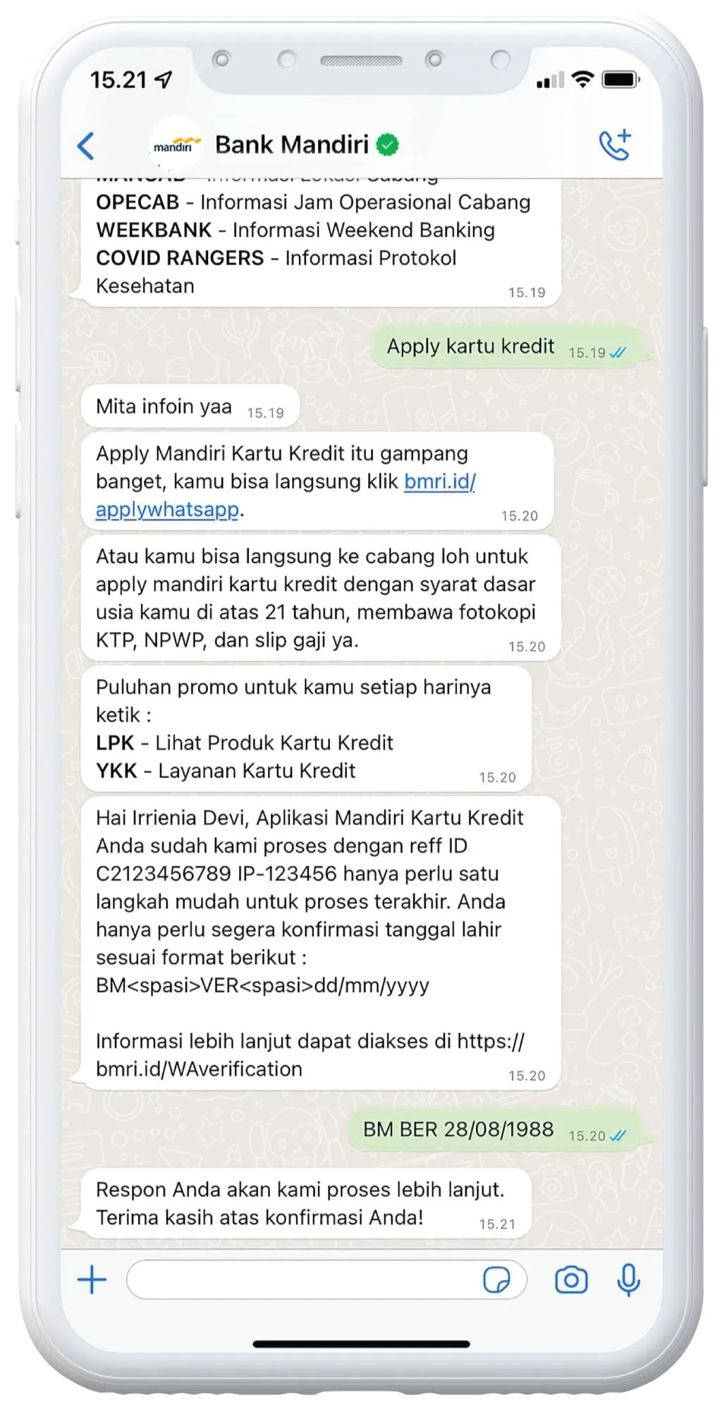 Percakapan antara Bank Mandiri dan nasabah melalui WhatsApp