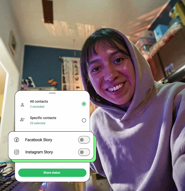 A woman looking at the camera toggling Meta's account center activity