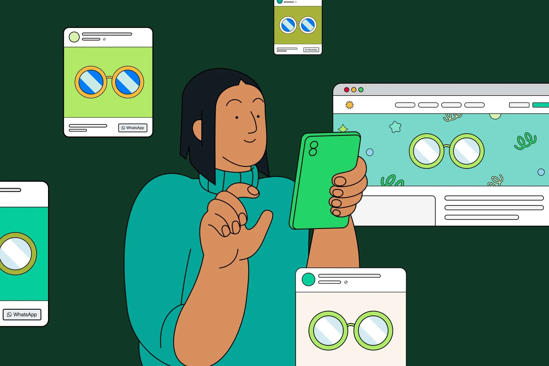 Illustration d’une personne qui consulte des publicités de remarketing en parcourant des réseaux sociaux et des sites Web