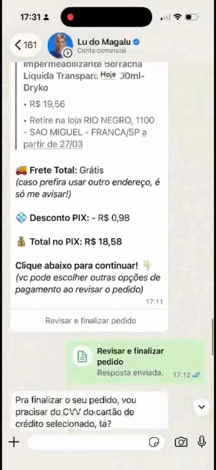 WhatsApp conversation with a request to review the customer's order