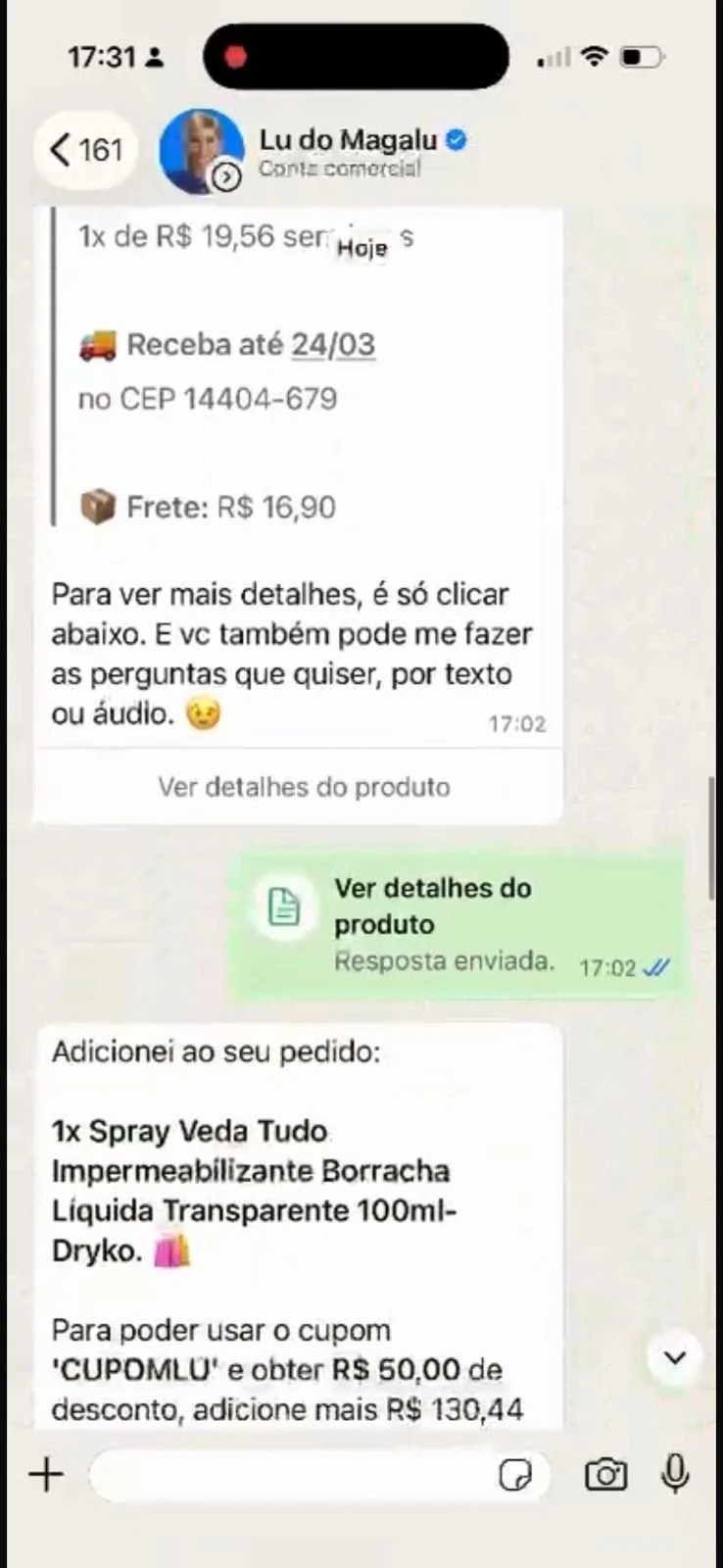 Conversation WhatsApp avec une offre de produit, comprenant les détails et les informations sur les prix