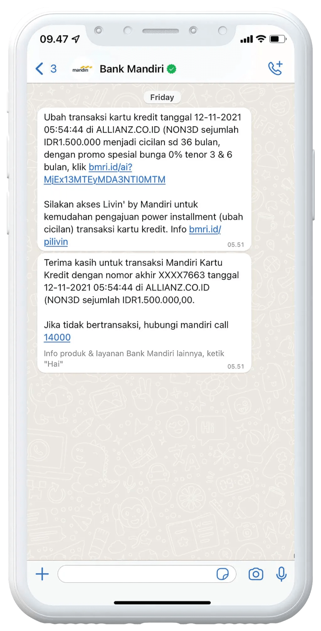 Telepon yang menampilkan pesan yang dikirim dari Bank Mandiri melalui WhatsApp