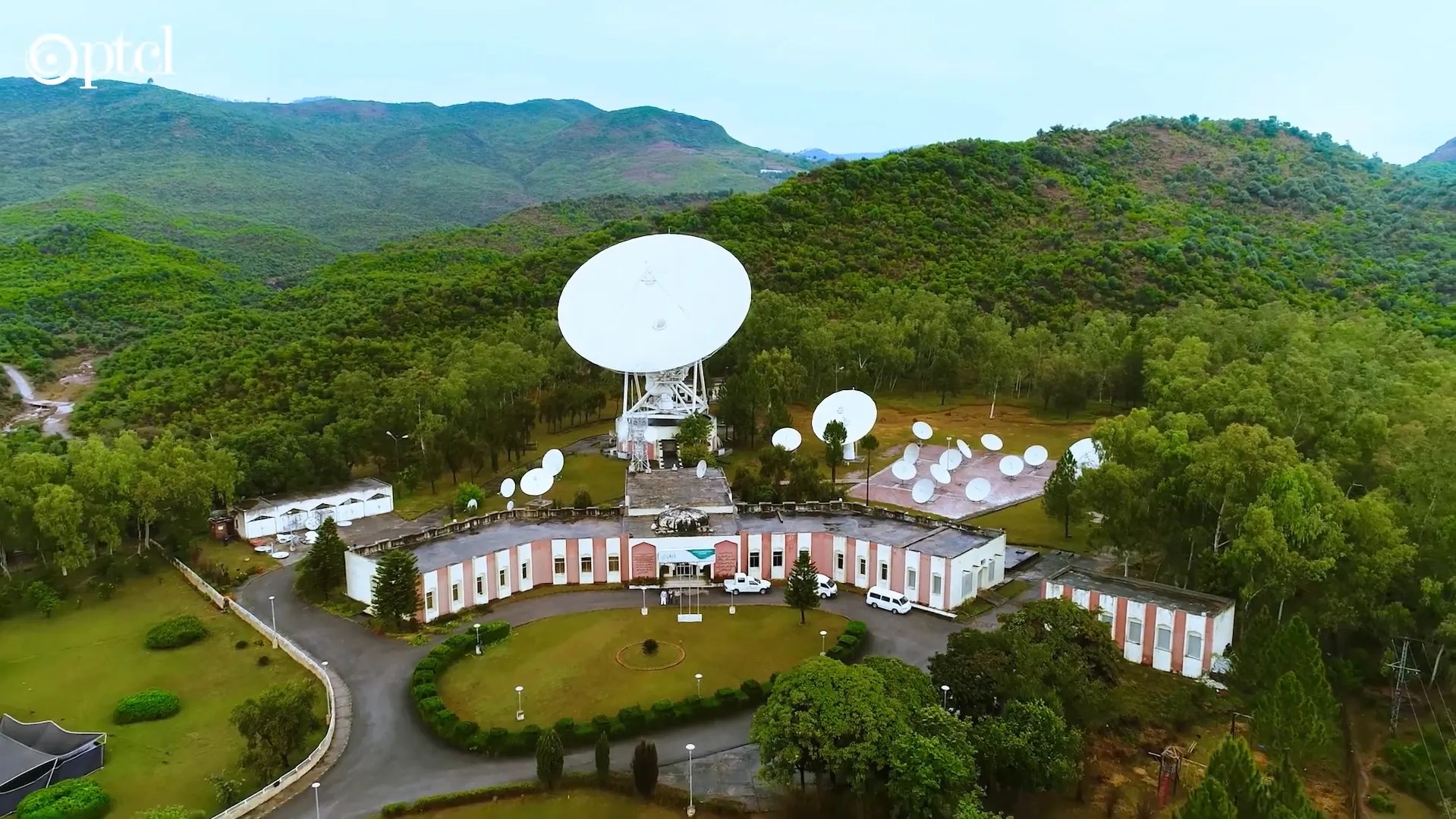 A picture of equipment operated by PTCL Group, including a large satellite dish.