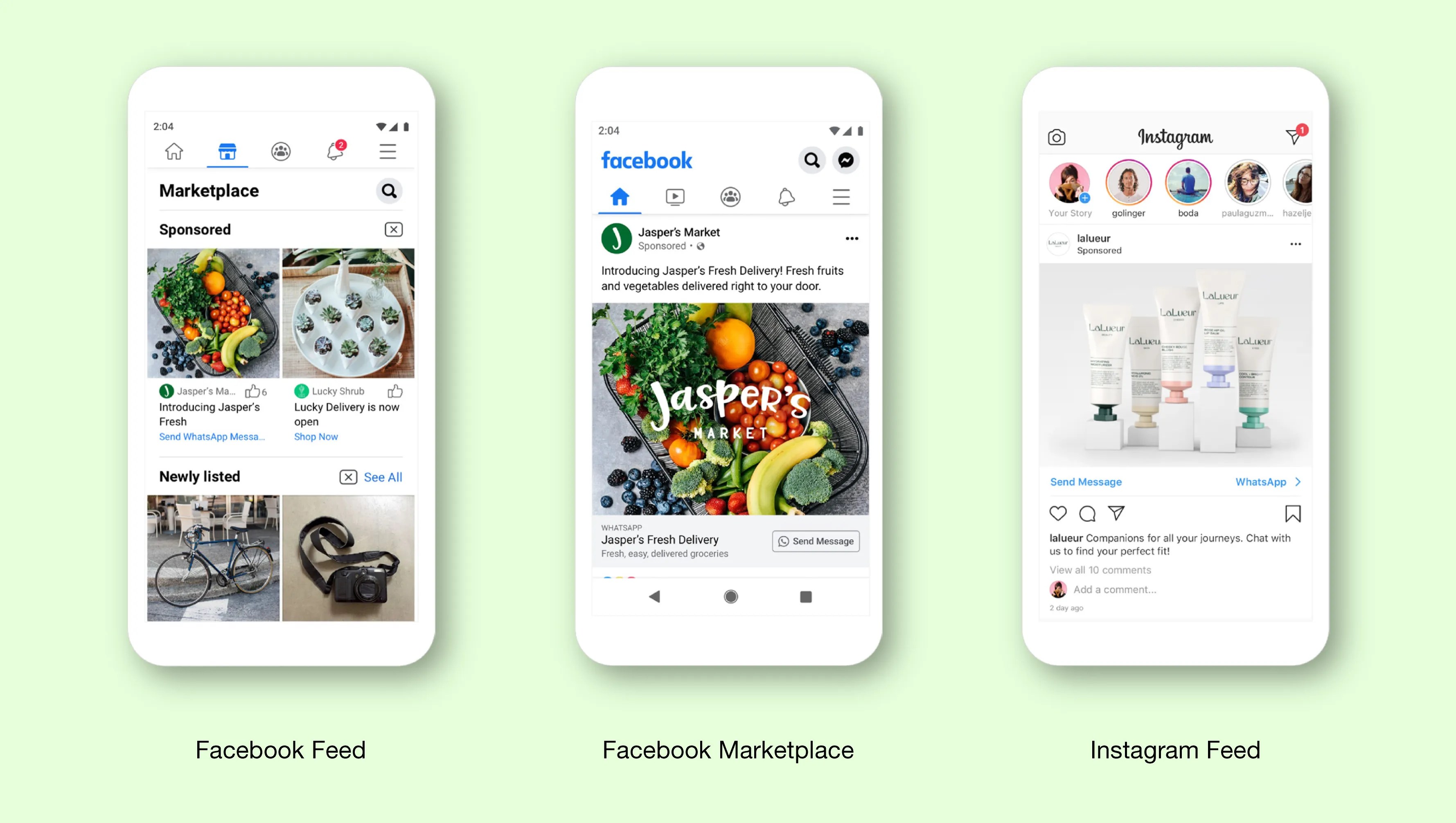 तीन मोबाइल जिनमें Facebook फ़ीड, Facebook Marketplace और Instagram फ़ीड दिख रही है