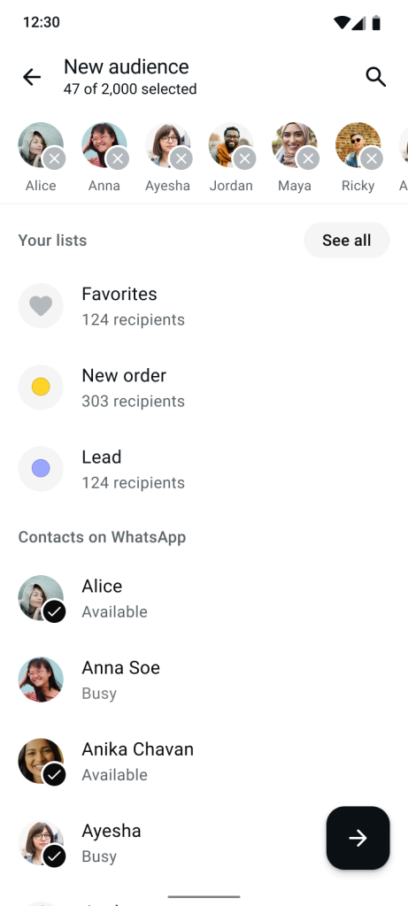 Choosing list to send broadcast message on WhatsApp