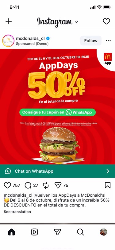 Arcos Dorados Instagram ad that links to their WhatsApp chat
