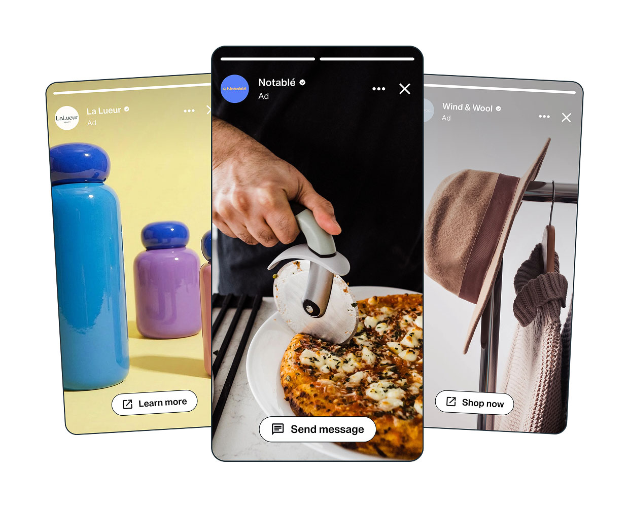 A fan layout of different ads on WhatsApp