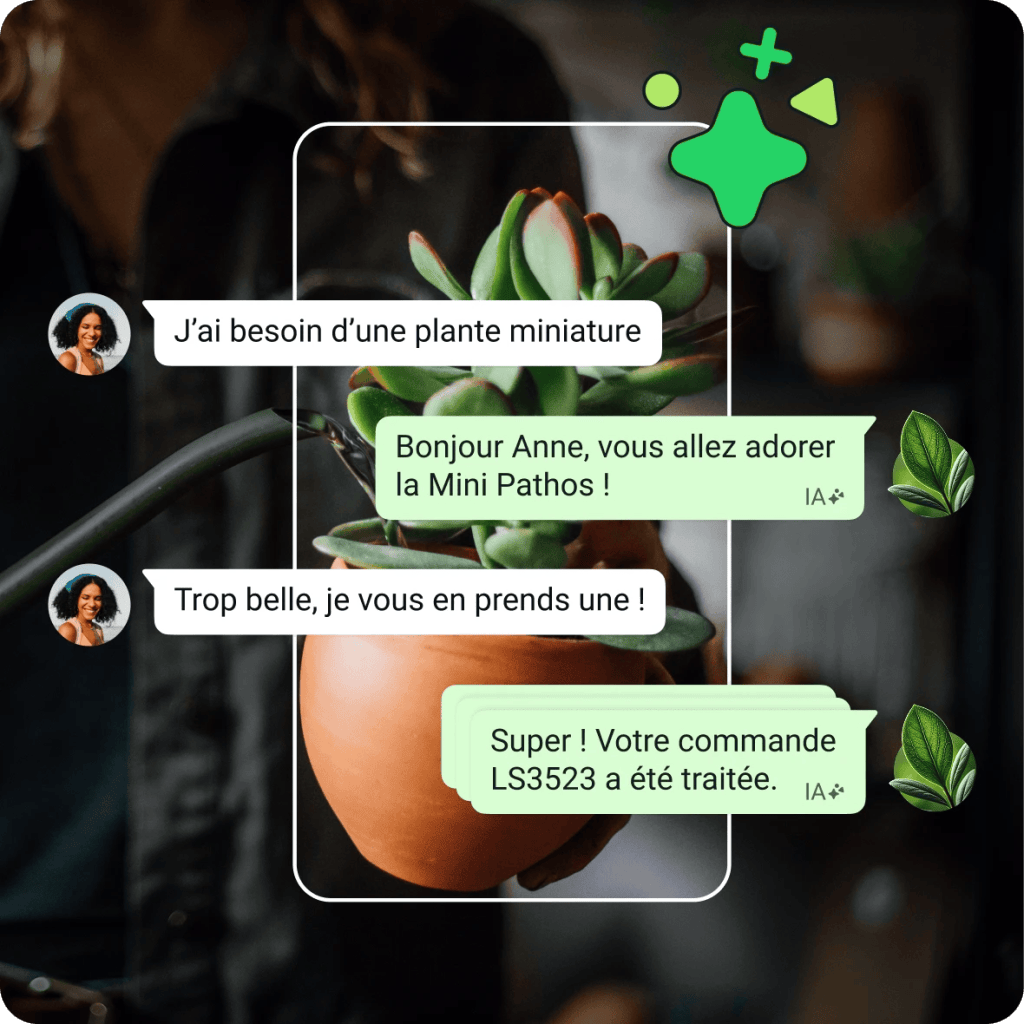 Business AI conversation overlayed on a Mini Pathos plant