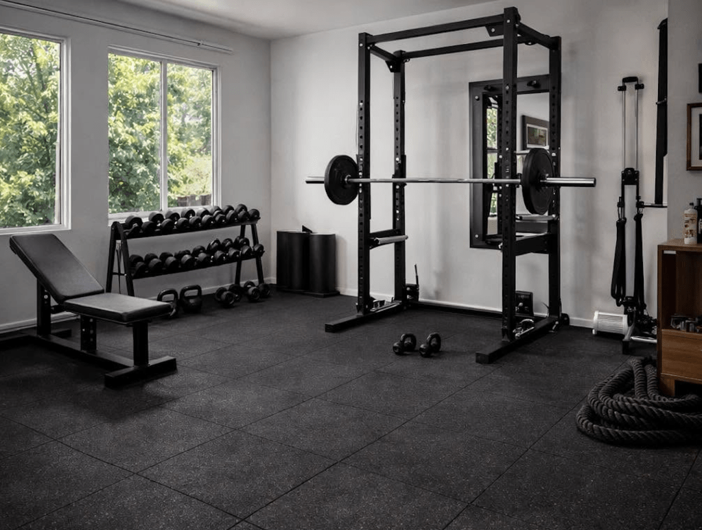 A home gym that has a squat rack with GummiTiles installed on the floor
