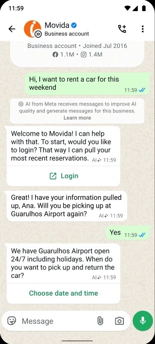 WhatsApp business chat with Movida on renting a car