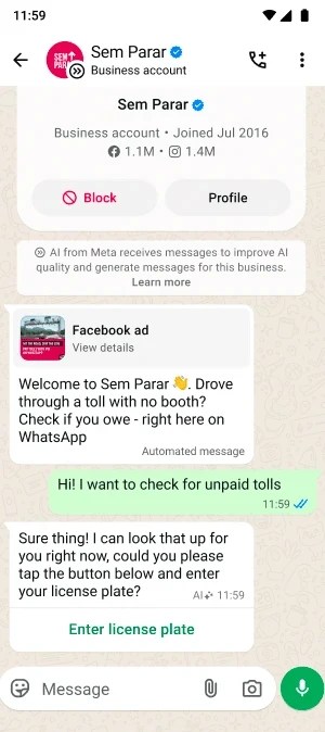 Conversa comercial no WhatsApp com a Sem Parar