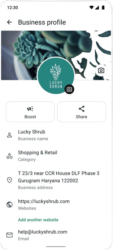 The business profile page of a WhatsApp profile