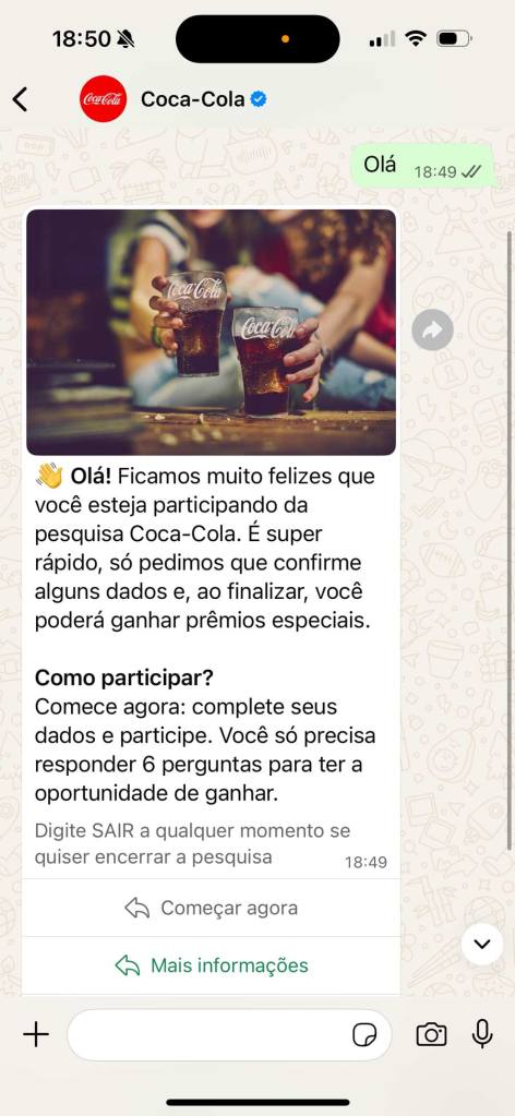 A WhatsApp interaction with a user and Coca-Cola
