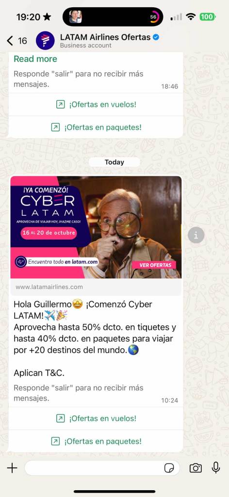 Interaksi pengguna dengan LATAM Airlines di WhatsApp