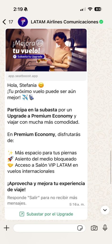 Interaksi pengguna dengan maskapai penerbangan LATAM melalui WhatsApp