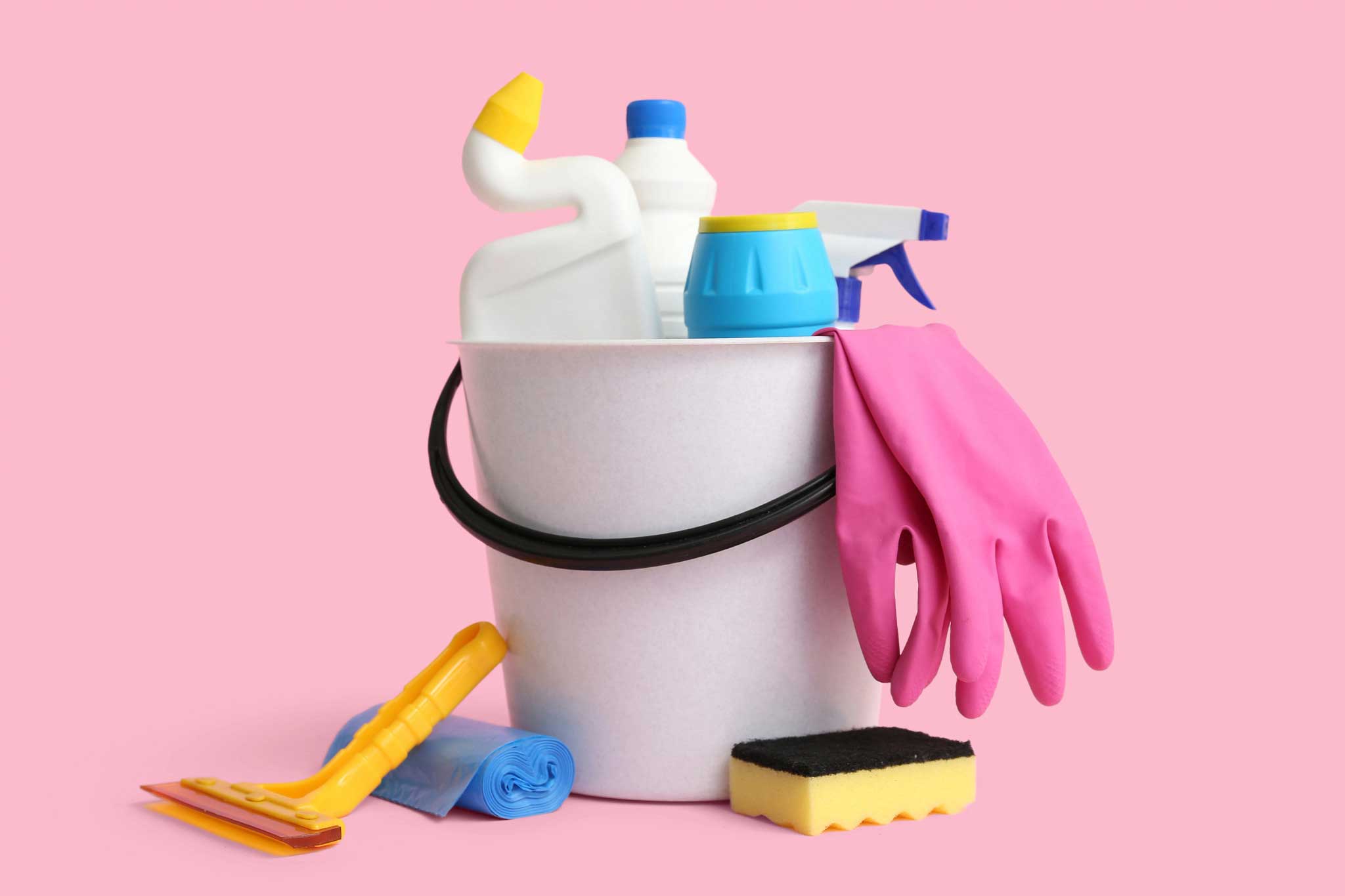 A bucket of cleaning supplies