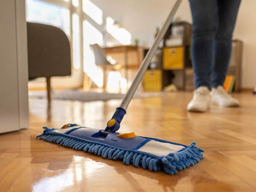 A cleaner mopping the floor