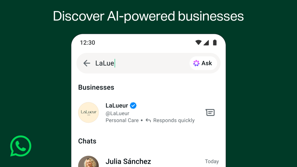 WhatsApp search interface showing customers can find businesses powered by Meta Business Agent via business name