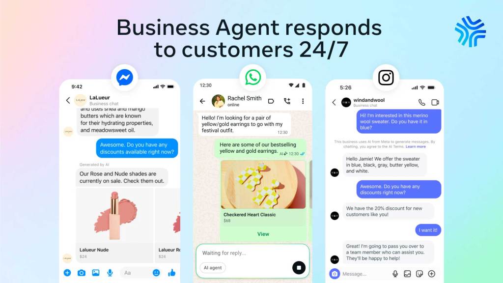 3 AI agent conversations featuring Meta Business Agent responding to customers in real time