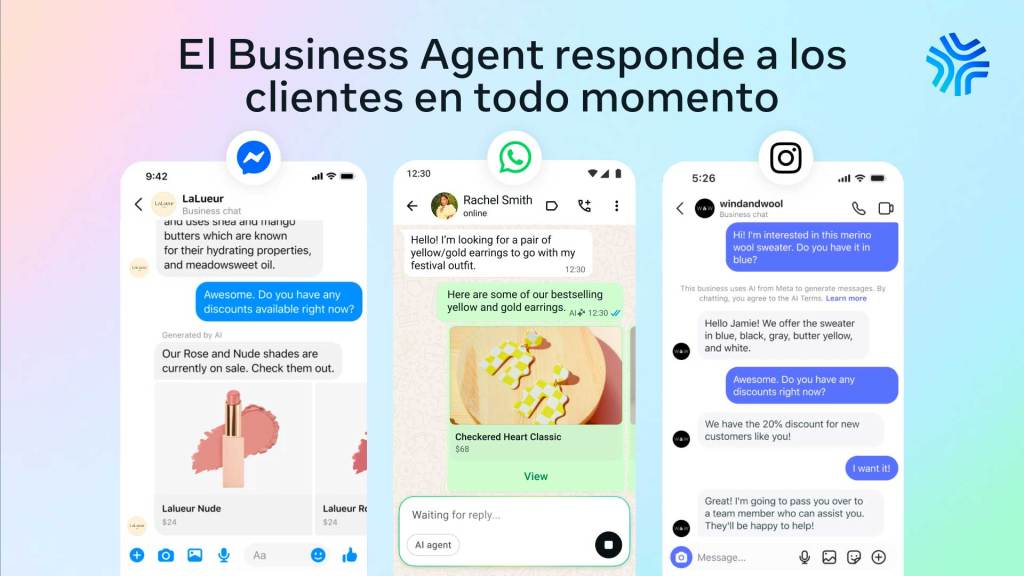 3 conversaciones con agentes de IA en las que Meta Business Agent responde a los clientes en tiempo real