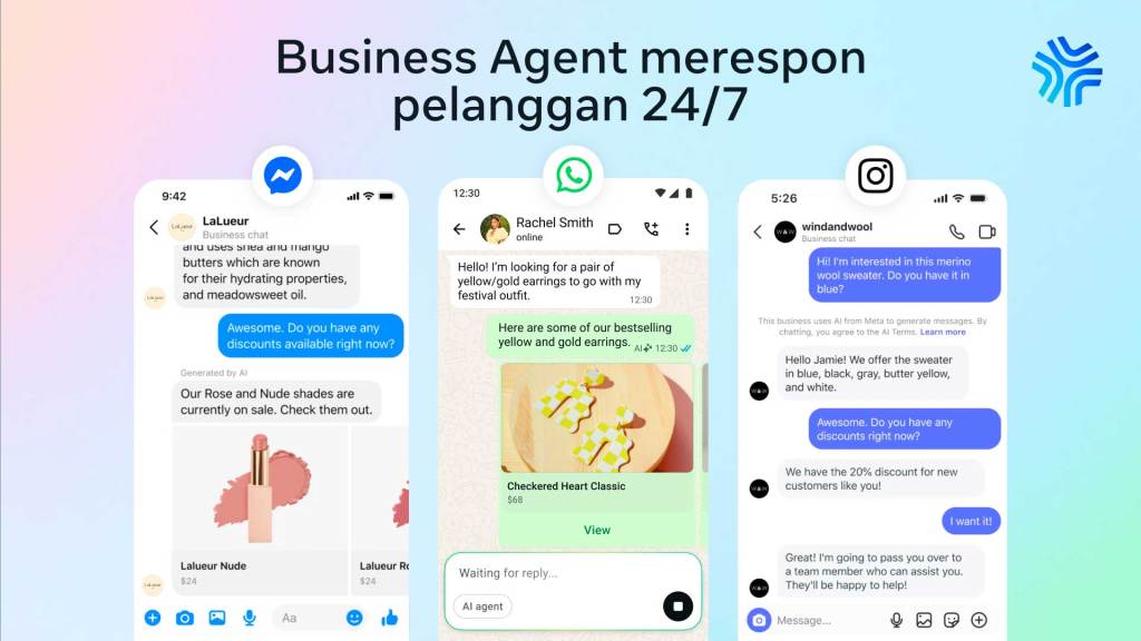 3 percakapan agen AI yang menampilkan Meta Business Agent menanggapi pelanggan secara realtime