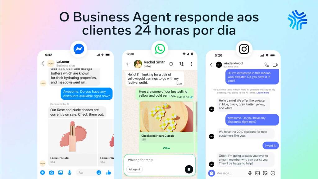 Três conversas com agentes de IA em que o Meta Business Agent responde a clientes em tempo real