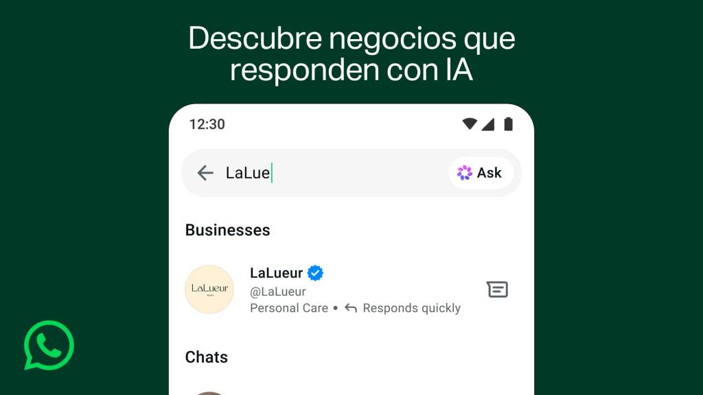 Interfaz de búsqueda de WhatsApp que muestra que los clientes pueden encontrar empresas que usan Meta Business Agent a través del nombre de la empresa