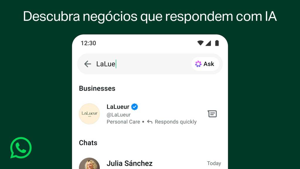 Interface de pesquisa do WhatsApp mostrando que os clientes podem encontrar empresas com a tecnologia do Meta Business Agent por meio do nome comercial