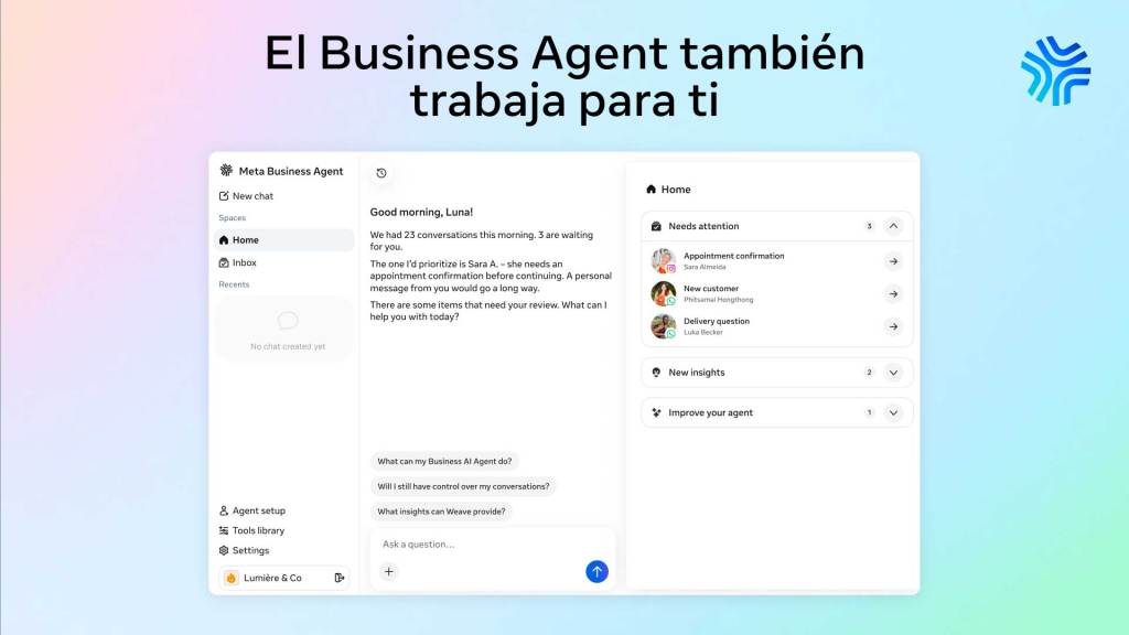 Propietario de una empresa que recibe un informe de Meta Business Agent con estadísticas prácticas de IA.