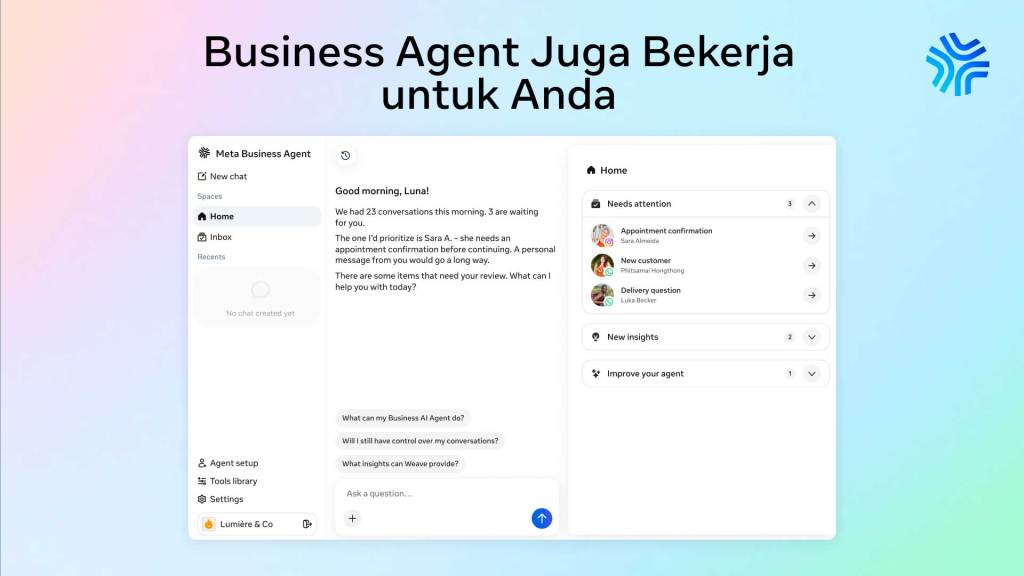 Pemilik bisnis menerima pengarahan dari Meta Business Agent dengan insight AI yang bisa ditindaklanjuti.