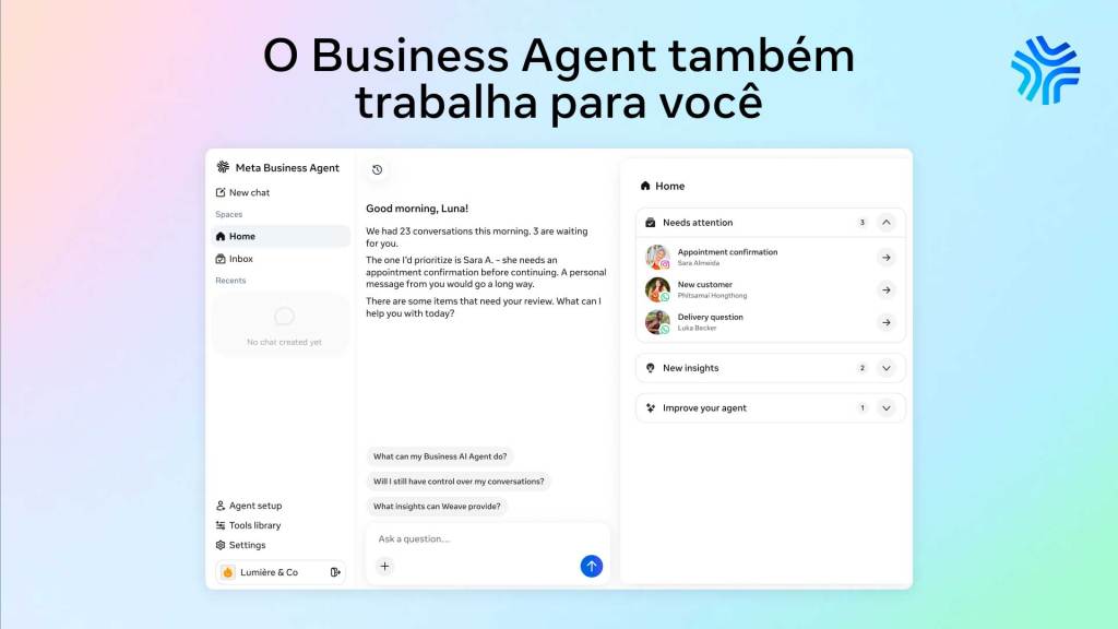 Empresário recebendo um briefing do Meta Business Agent com insights úteis da IA.