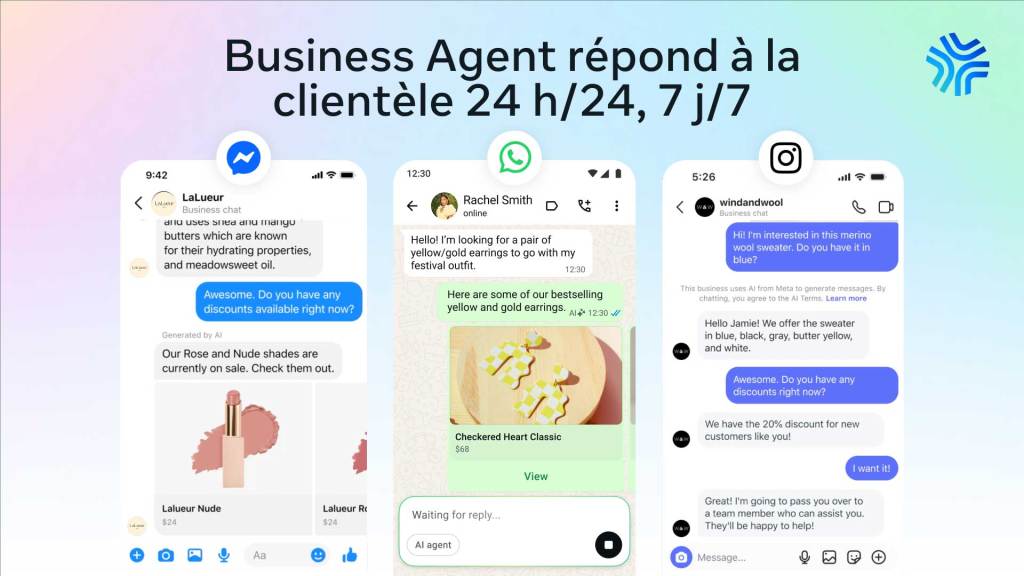 3 conversations avec l’agent IA montrant Meta Business Agent en train de répondre à la clientèle en temps réel