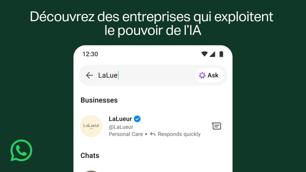 Interface de recherche WhatsApp montrant que la clientèle peut trouver des entreprises via leur nom grâce à Meta Business Agent