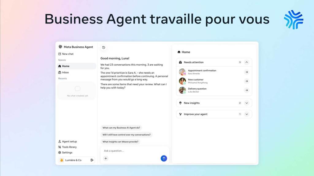 Propriétaire d’entreprise recevant un briefing de Meta Business Agent avec des statistiques d’IA exploitables.