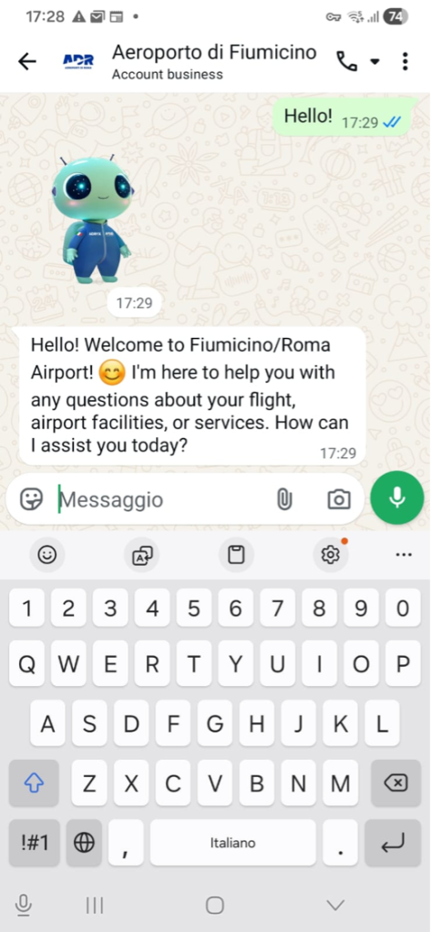 Asistencia de un agente de Aeroporti di Roma en WhatsApp