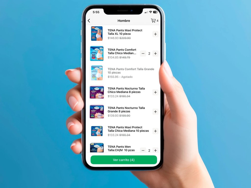 A close-up view of a hand clutching a cell phone that displays a shopping app interface showcasing different types of TENA adult incontinence products.