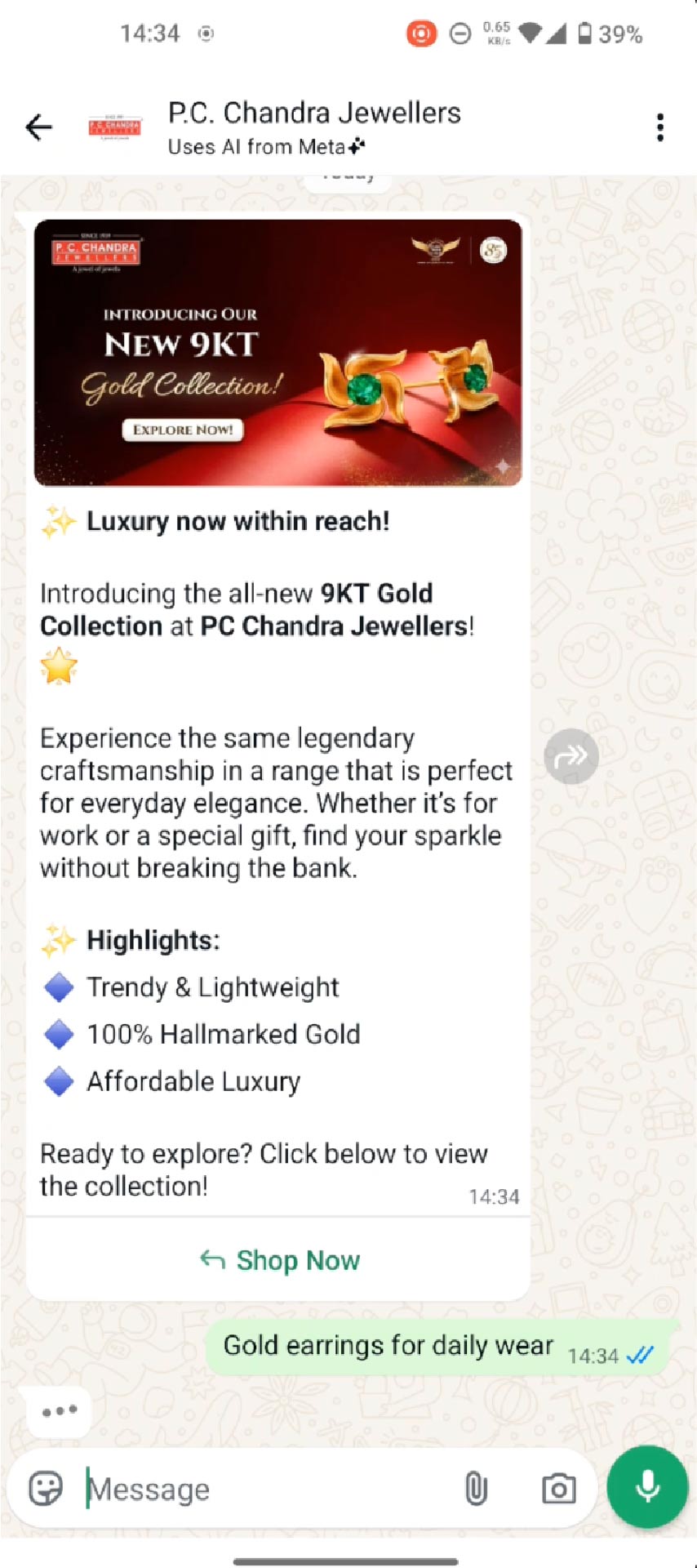 PC Chandra Jewelers customer interaction on WhatsApp