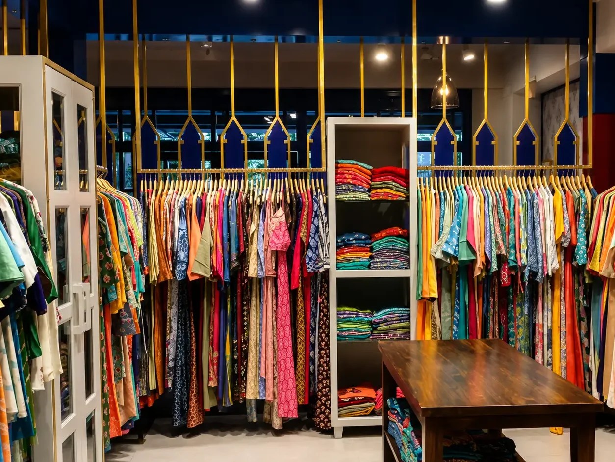 Uma loja de roupas com araras de roupas coloridas e uma mesa de madeira no centro.