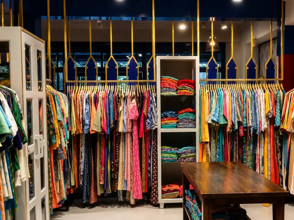A clothing store with racks of colorful garments and a wooden table in the center.