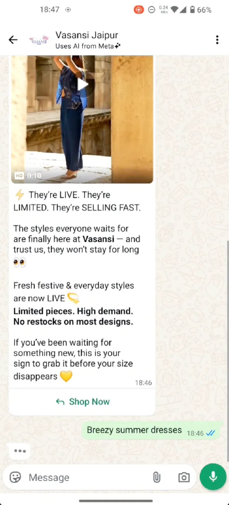 A screenshot of a WhatsApp message from Vasansi Jaipur showcases a woman in a blue dress, with overlaid text promoting their limited-time sale.