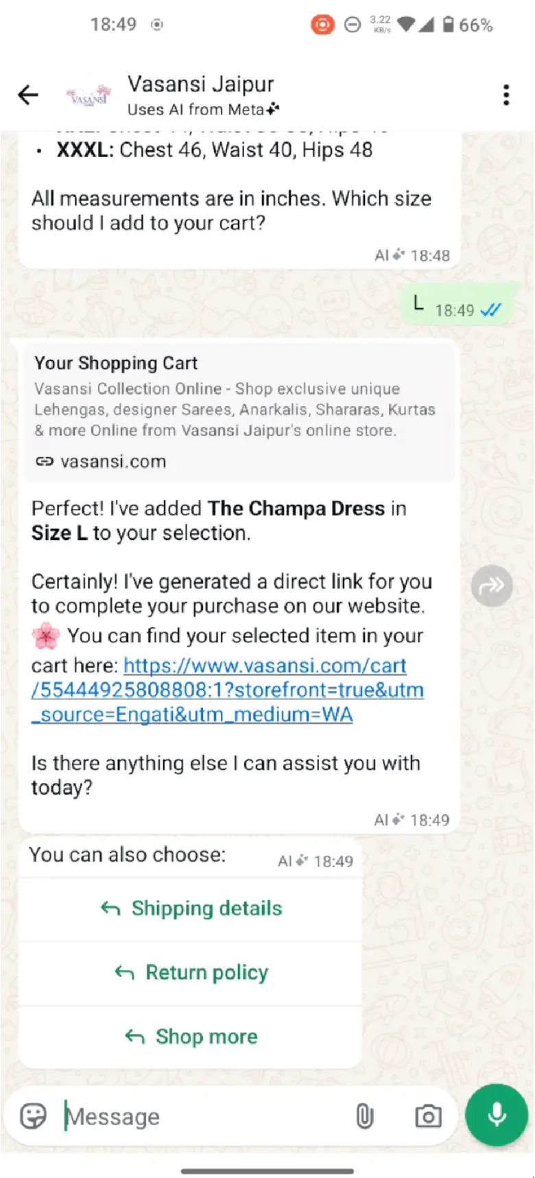 A screenshot of a WhatsApp conversation with Vasansi Jaipur using Business AI, suggesting sizes for a shopping cart item.