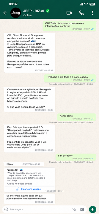 WhatsApp Business AI agent messaging about Jeep products