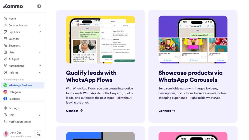 Kommo dashboard WhatsApp integration