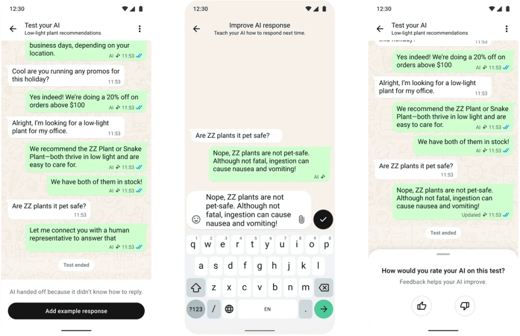 A screenshot of a mobile phone screen displaying a test conversation between a user and an AI chatbot, with the user asking about low-light plant recommendations and the AI responding with suggestions.