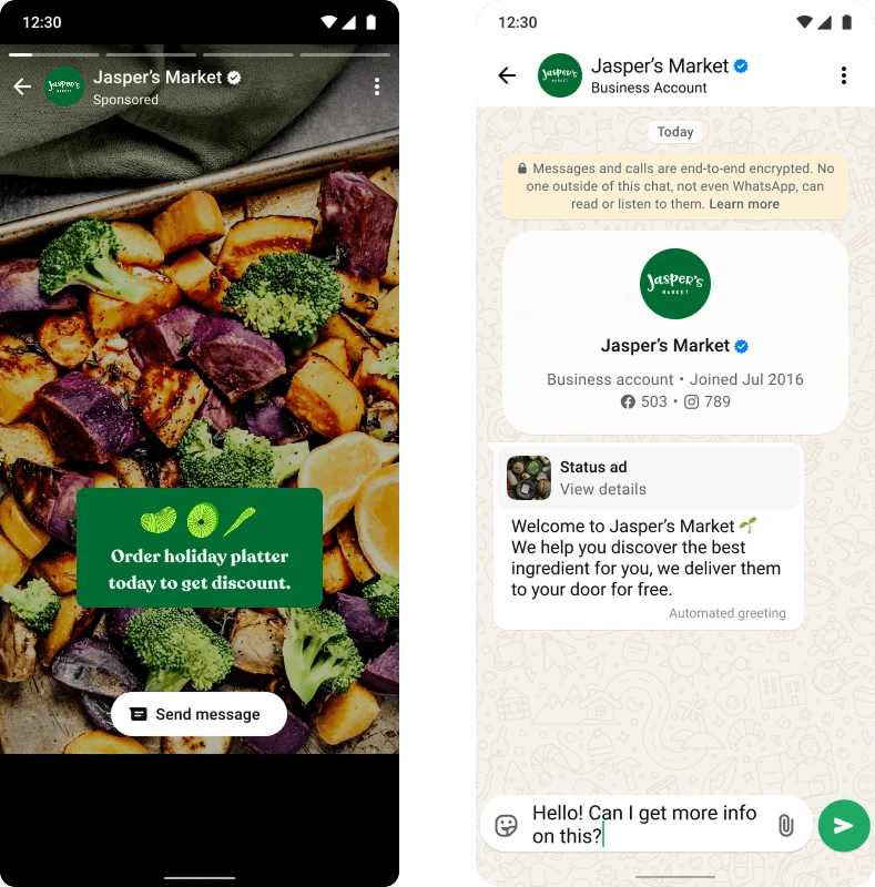 A graphic of how a business receives a status update on their ad via WhatsApp