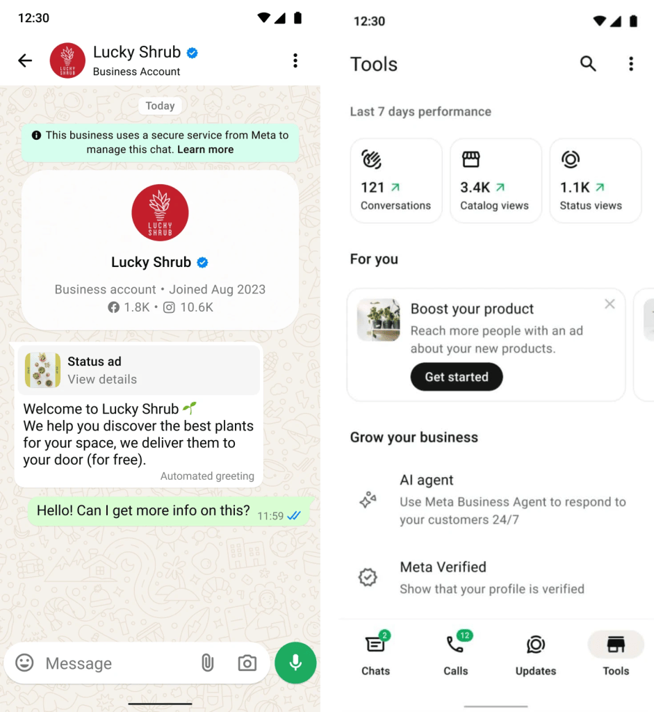 Screenshots of a business account and tools on WhatsApp Business