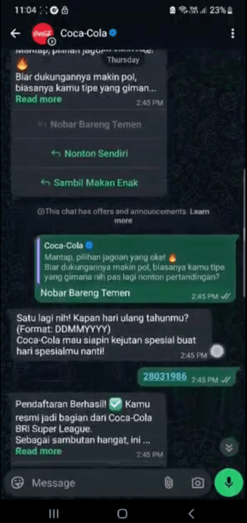 A still shot of a conversation on WhatsApp