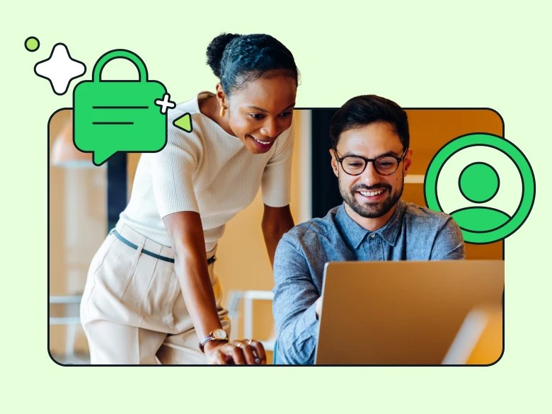 Smiling coworkers at a laptop with secure green icons, highlighting reliable AI customer service agents