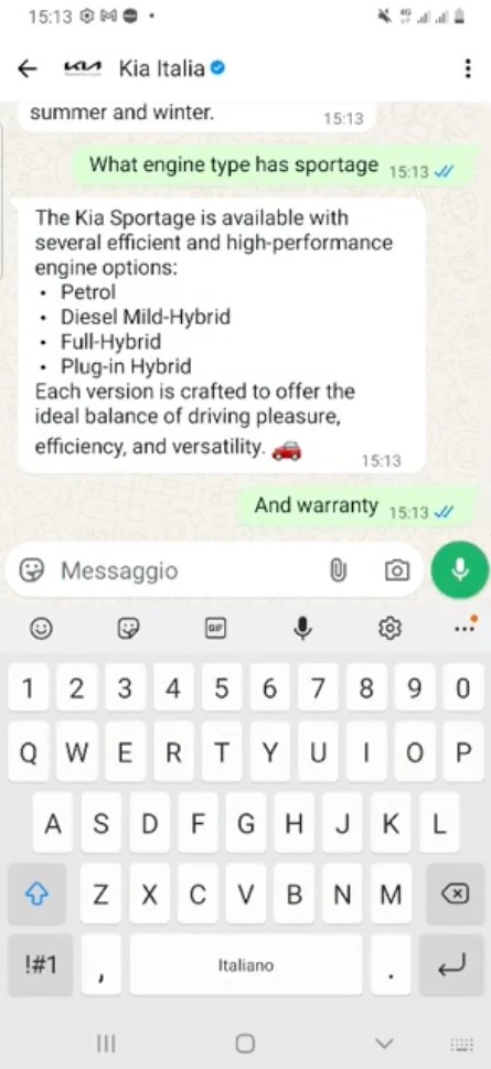 Kia Italia AI 에이전트가 Kia Sportage 엔진 종류를 안내하는 WhatsApp 대화 화면